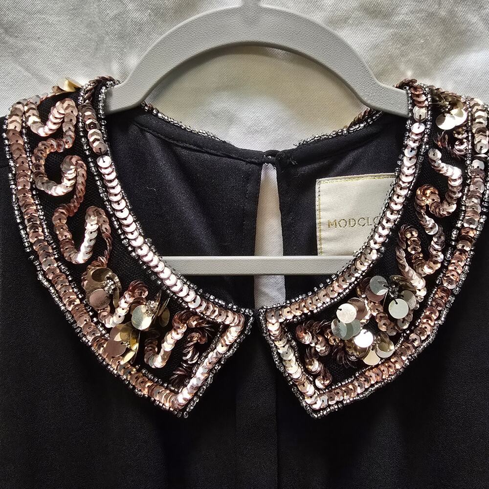 Modcloth black chiffon knee length sleeveless dress gold sequin beaded collar XL - Picture 4 of 13
